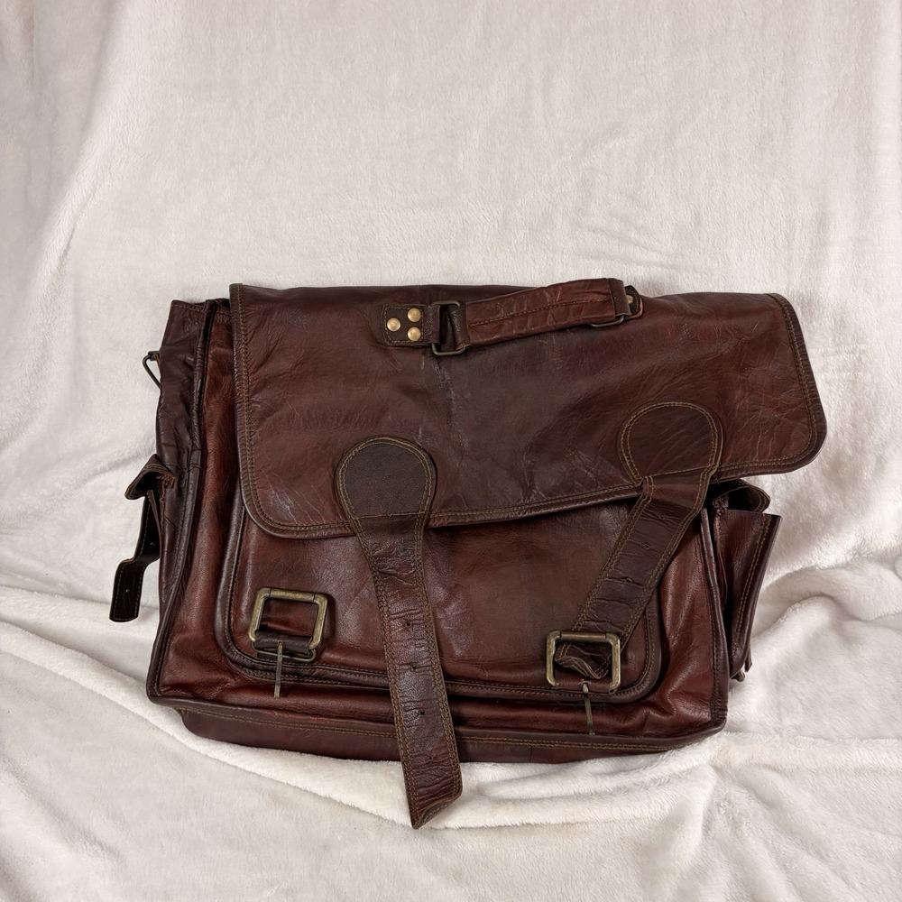 Vintage Leather Messenger Bag Satchel Distressed dual-buckle flap See Pics